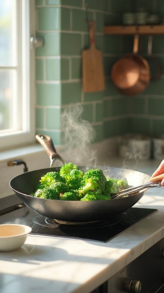 Sugar-Free Beef And Broccoli Stir-Fry 5 Stir-frying green broccoli in a modern kitchen with warm, earthy tones and natural daylight.