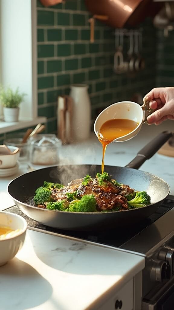 Sugar-Free Beef And Broccoli Stir-Fry 6 Seared beef and broccoli in wok on marble countertop in modern kitchen, sauce being poured from bowl, illuminated by natural daylight from nearby window