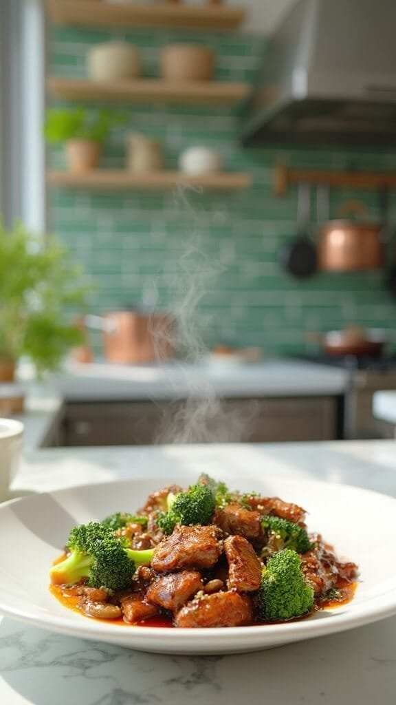 Sugar-Free Beef And Broccoli Stir-Fry 7 Beef and broccoli stir-fry in a white bowl, garnished with sesame seeds in a modern kitchen with green subway tiles and copper pots