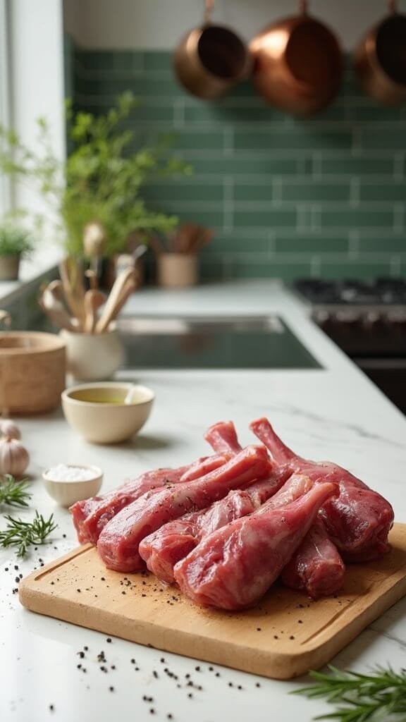 Melt-In-Your-Mouth Slow-Cooked Lamb Shanks 3 Four raw, seasoned lamb shanks on a wooden cutting board with fresh rosemary, whole garlic bulbs, and olive oil in a modern kitchen