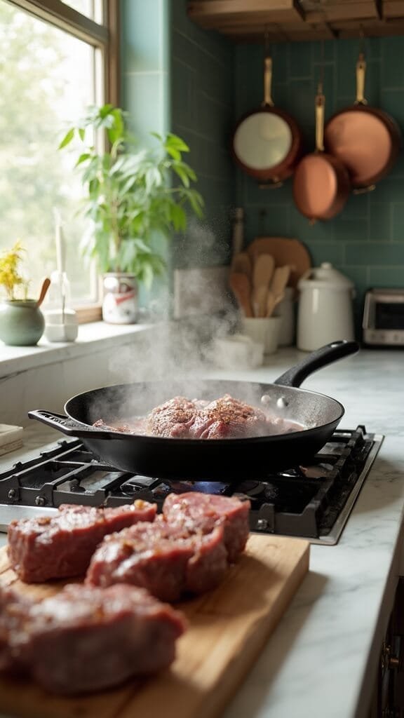 Melt-In-Your-Mouth Slow-Cooked Lamb Shanks 4 Two lamb shanks searing in a modern kitchen with white marble countertops and green subway tile backsplash, under natural daylight