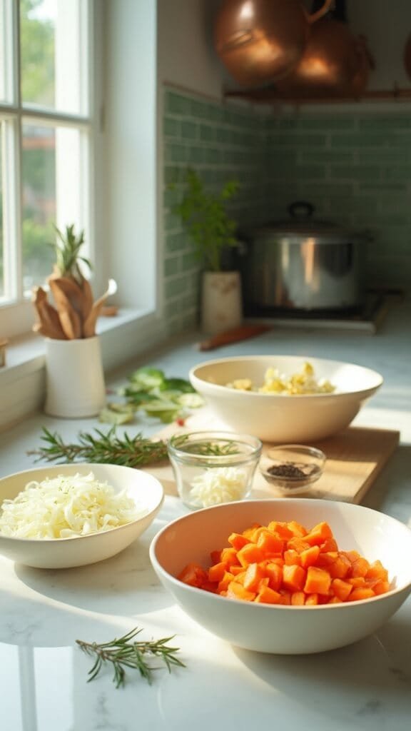 Melt-In-Your-Mouth Slow-Cooked Lamb Shanks 5 Preparation of fresh vegetables in a modern kitchen with daylight streaming in, featuring chopped onions and carrots in cream bowls, minced garlic in glass bowl, and fresh herbs nearby.
