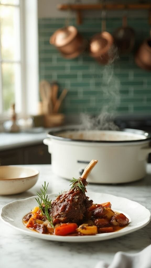 Melt-In-Your-Mouth Slow-Cooked Lamb Shanks 7 Perfectly cooked lamb shank with vegetables on a white ceramic plate in a modern kitchen with green subway tiles and copper pots, captured in natural daylight.