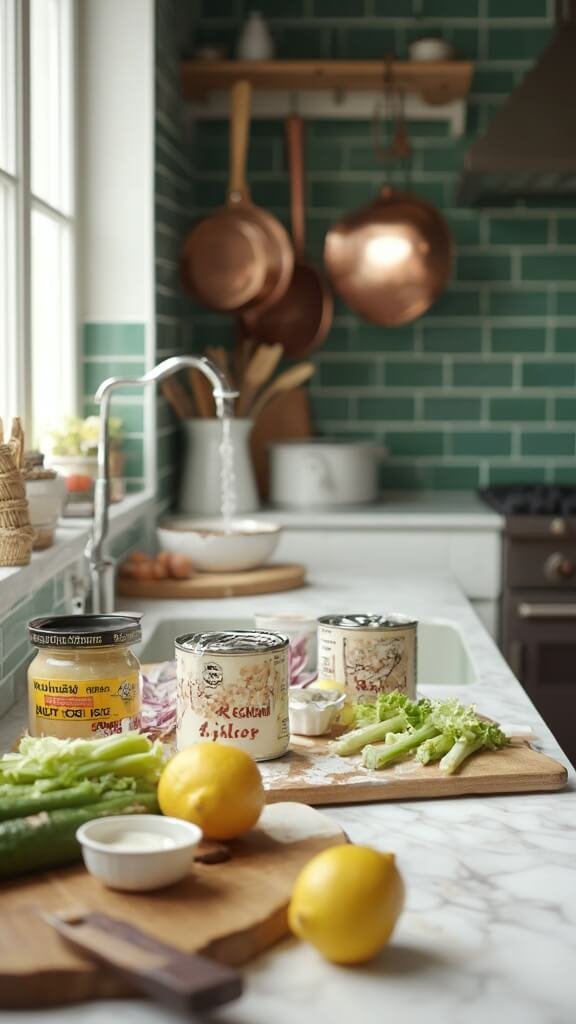 Tuna Salad Lettuce Wraps 3 Ingredients for tuna salad on a modern kitchen countertop with natural daylight pouring in, complete with modern cookware and wooden utensils.