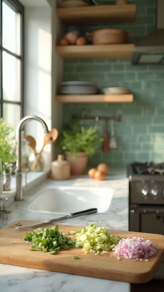 Tuna Salad Lettuce Wraps 4 Chopped vegetables on a wooden cutting board in a modern kitchen with warm, earthy color grading
