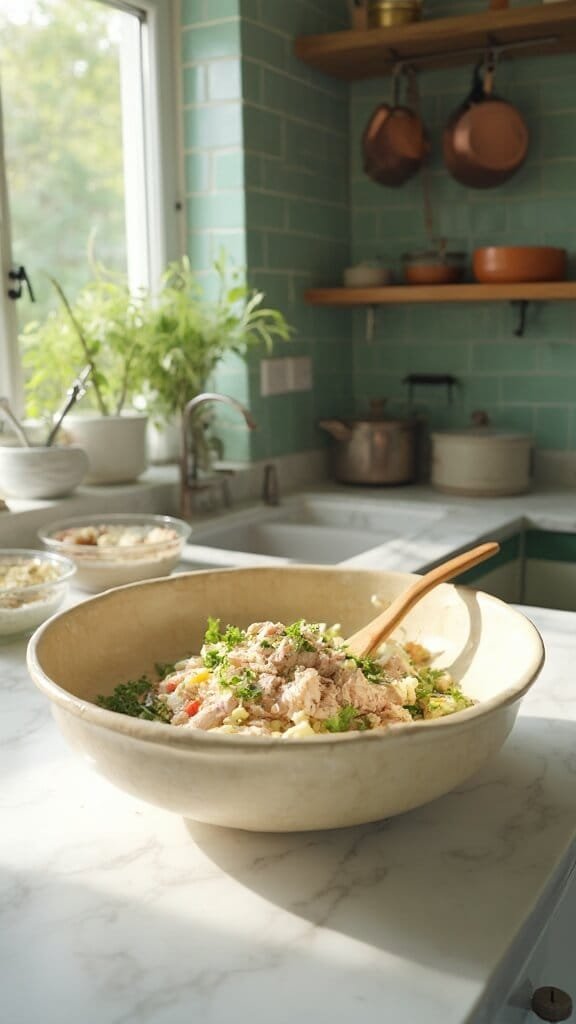 Tuna Salad Lettuce Wraps 5 Professional food photography of tuna salad prep in a modern kitchen with wooden utensils and cream-colored ceramics under natural daylight.