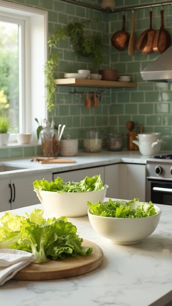Tuna Salad Lettuce Wraps 6 Fresh lettuce leaves being patted dry on a wooden board in bright modern kitchen with green subway tile and copper pots