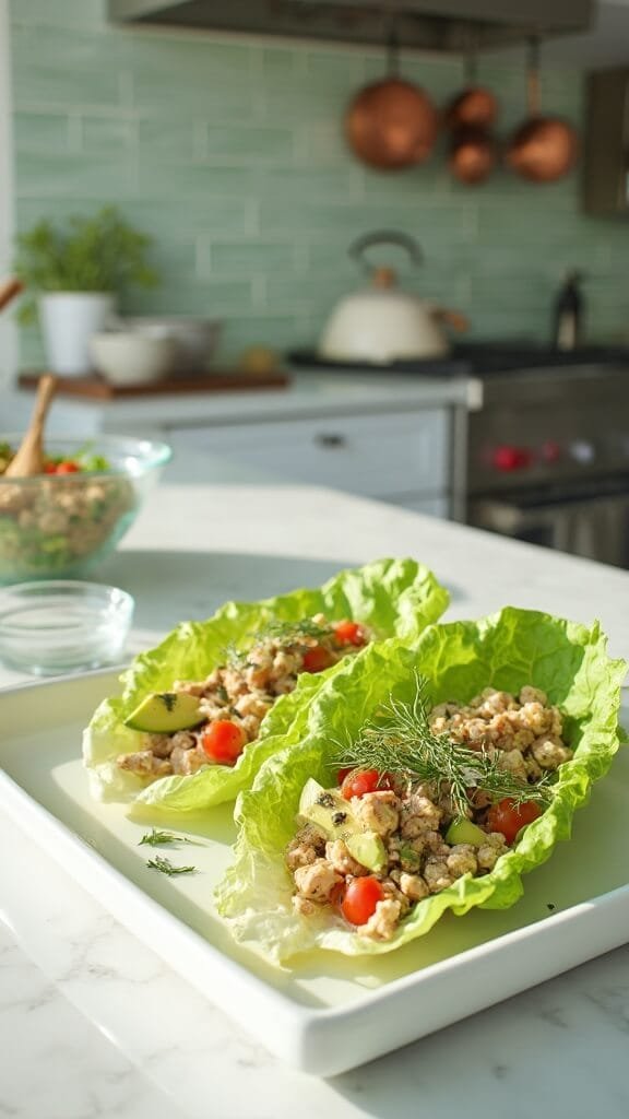 Tuna Salad Lettuce Wraps 7 Three tuna salad lettuce wraps garnished with dill, cherry tomatoes, and avocado slices on a white ceramic platter in a modern kitchen
