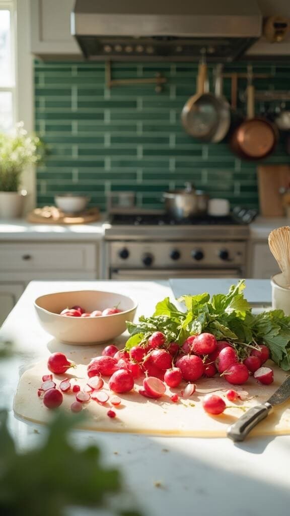Garlic Butter Roasted Radishes (A Low-Carb Potato Alternative) 3 Fresh red radishes on a wooden cutting board in a modern kitchen with cream-colored ceramic bowls and wooden utensils