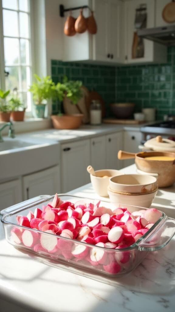 Garlic Butter Roasted Radishes (A Low-Carb Potato Alternative) 4 Trimmed and halved radishes arranged cut-side down in a clear glass baking dish in a modern kitchen