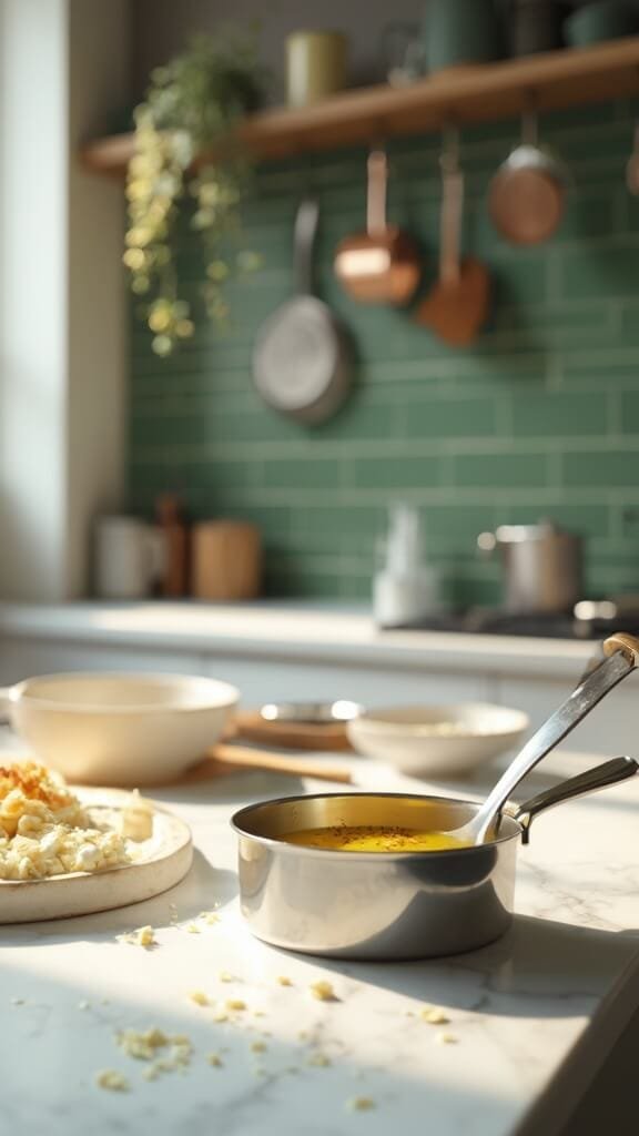 Garlic Butter Roasted Radishes (A Low-Carb Potato Alternative) 5 Browning butter with minced garlic in a modern kitchen with white marble countertops, green tile backsplash, and stainless steel appliances.