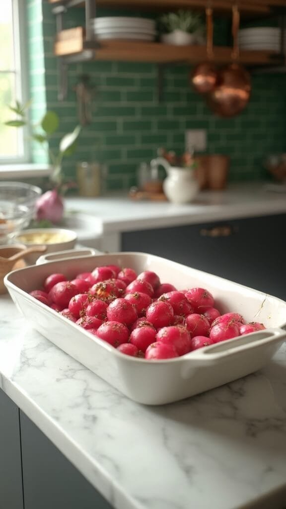 Garlic Butter Roasted Radishes (A Low-Carb Potato Alternative) 6 Radishes in baking dish seasoned with garlic butter, cracked black pepper, and sea salt, ready for roasting in a modern kitchen