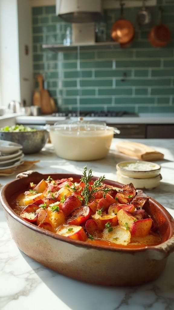 Garlic Butter Roasted Radishes (A Low-Carb Potato Alternative) 7 Golden-brown roasted radishes in a rustic ceramic dish, garnished with fresh herbs, in a modern kitchen with white marble countertops and green subway tile backsplash.