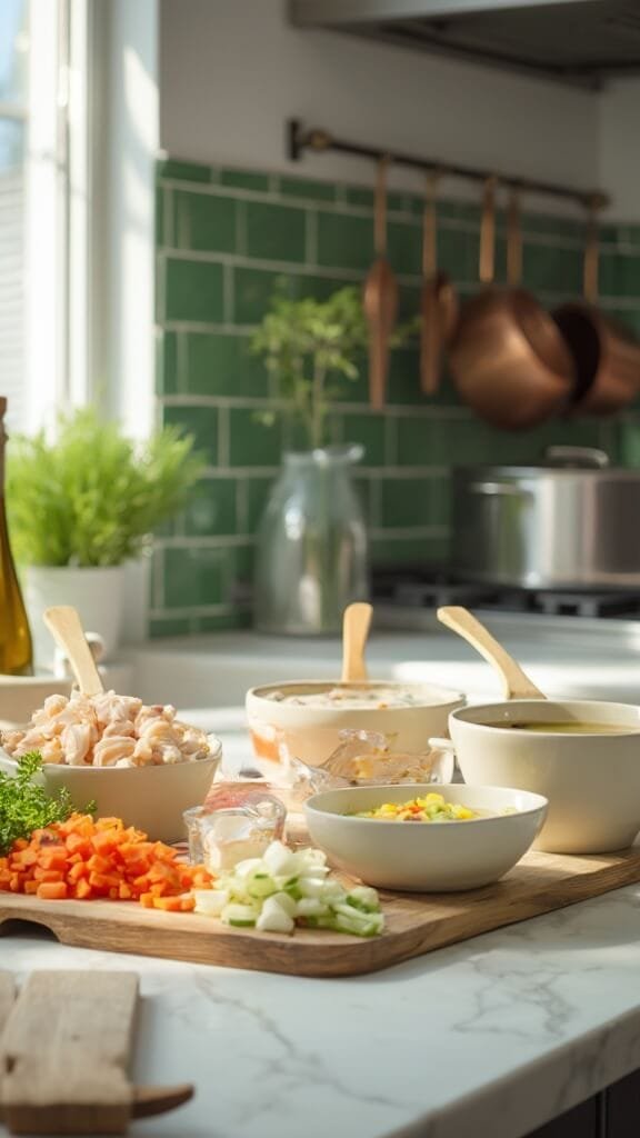 Creamy Keto Chicken Gnocchi Soup 3 Raw ingredients for keto soup in prep bowls on a modern kitchen counter with green subway tiles backsplash, under natural daylight.