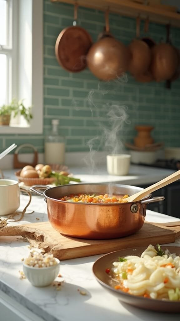 Creamy Keto Chicken Gnocchi Soup 4 Professional food photography of sautéing vegetables in a copper dutch oven in a modern kitchen with green subway tile backsplash and wooden utensils.