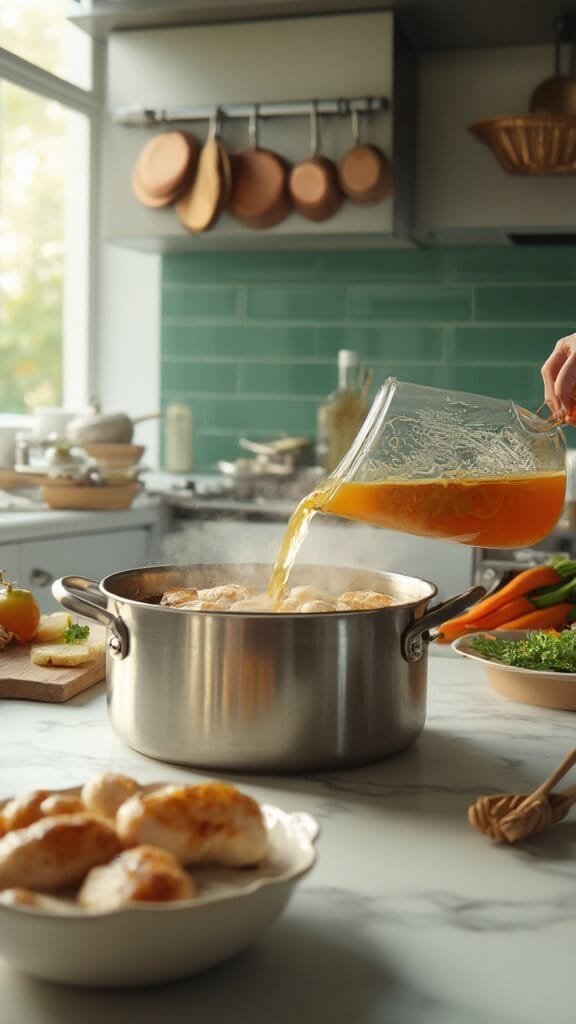 Creamy Keto Chicken Gnocchi Soup 5 Poured chicken broth into a dutch oven with cooked chicken pieces, in a modern kitchen with warm, earthy tones and natural daylight.