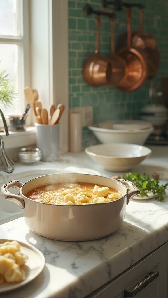 Creamy Keto Chicken Gnocchi Soup 6 Simmering soup in a dutch oven with newly added cauliflower gnocchi in a modern kitchen under natural daylight