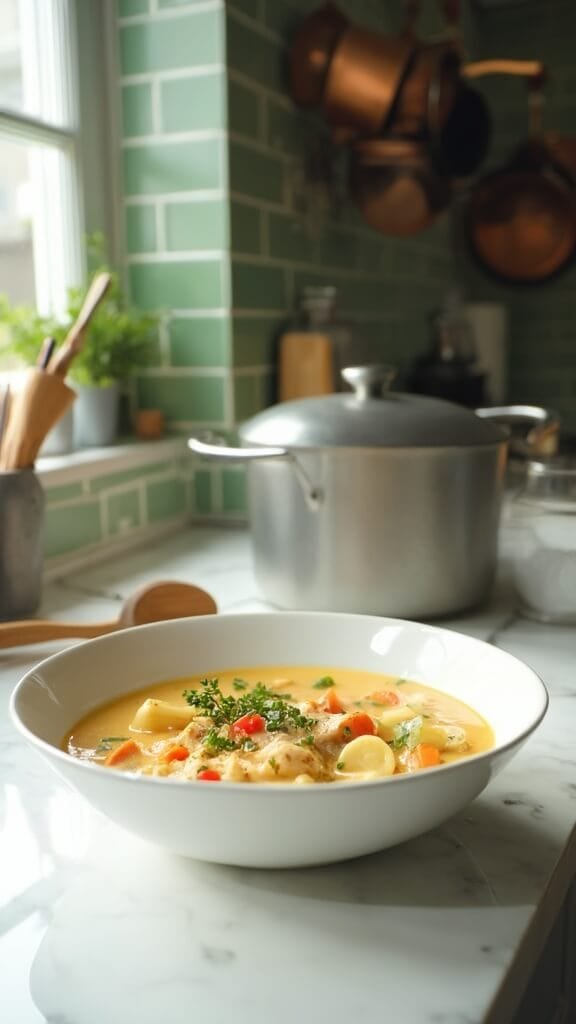 Creamy Keto Chicken Gnocchi Soup 7 Professional food photography of creamy chicken soup with vegetables and keto gnocchi in a white ceramic bowl, garnished with fresh thyme, in a modern kitchen with green subway tile backsplash.