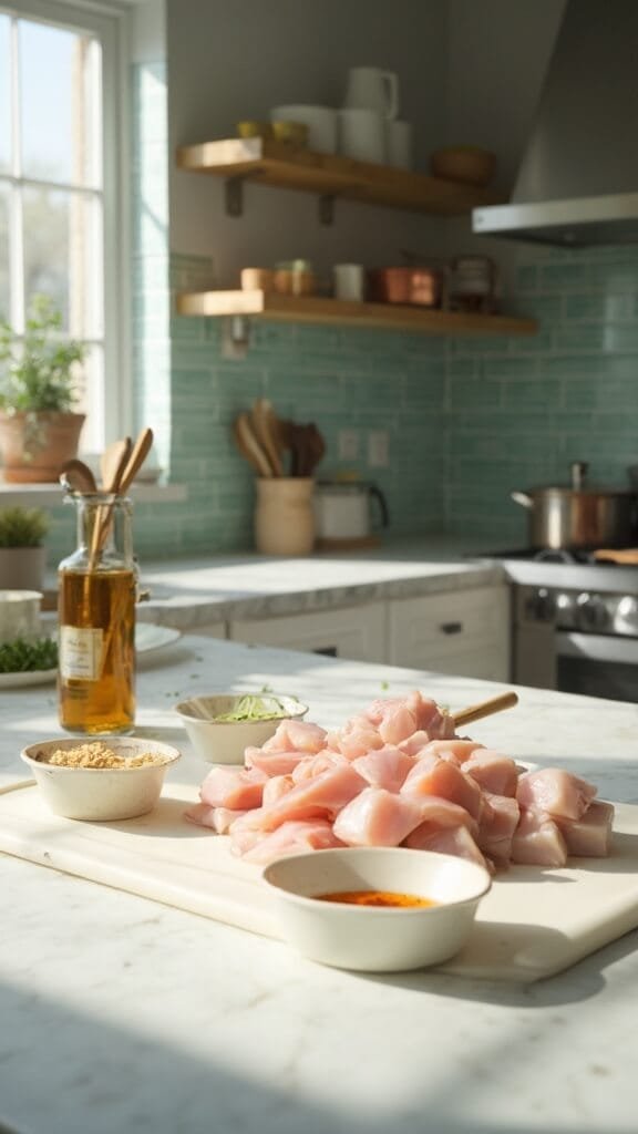 Sugar-Free Teriyaki Chicken 3 Raw chicken thighs and measured ingredients on a white ceramic cutting board in a modern kitchen with green subway tile backsplash and natural daylight.