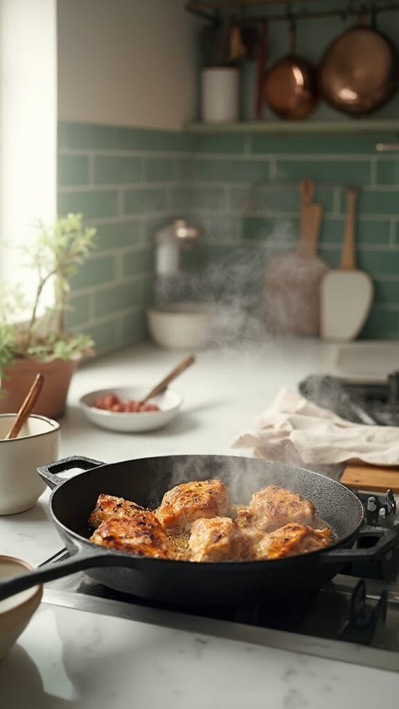 Sugar-Free Teriyaki Chicken 4 Chicken pieces searing in a cast-iron skillet in a modern kitchen with green subway tile backsplash, wooden utensils, and copper pots hanging from a rack