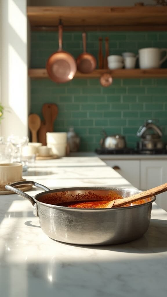 Sugar-Free Teriyaki Chicken 5 Teriyaki sauce simmering in a stainless steel saucepan in a modern kitchen with green subway tile backsplash and warm, earthy color grading.