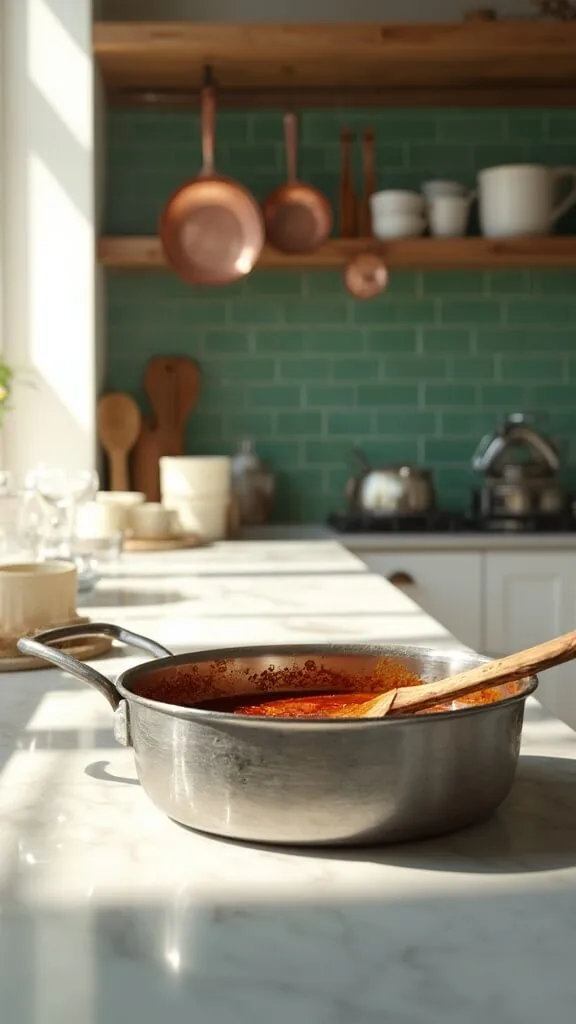 Sugar-Free Teriyaki Chicken 5 Teriyaki sauce simmering in a stainless steel saucepan in a modern kitchen with green subway tile backsplash and warm, earthy color grading.