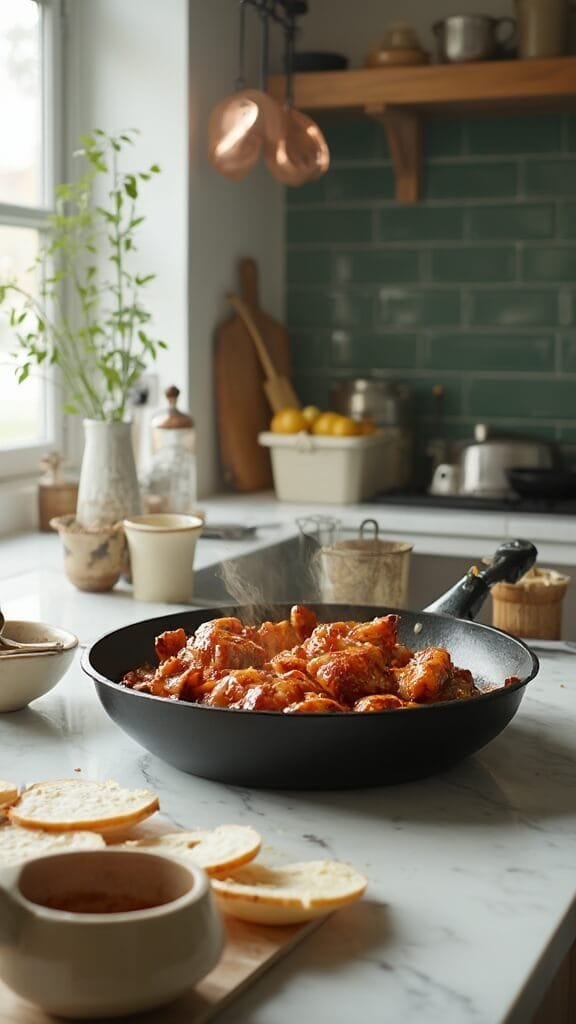 Sugar-Free Teriyaki Chicken 6 Chicken pieces being glazed in a skillet with teriyaki sauce in a modern kitchen with green subway tiles and copper pots hanging in the backdrop.