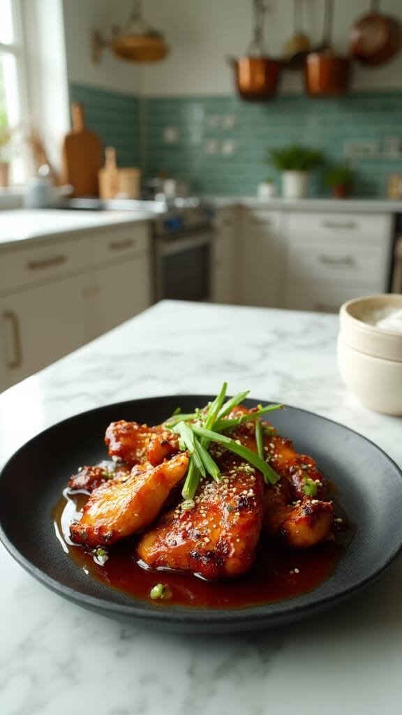 Sugar-Free Teriyaki Chicken 7 Glazed teriyaki chicken garnished with sesame seeds and green onions on a matte black ceramic plate in a modern kitchen with green subway tiles and warm lighting
