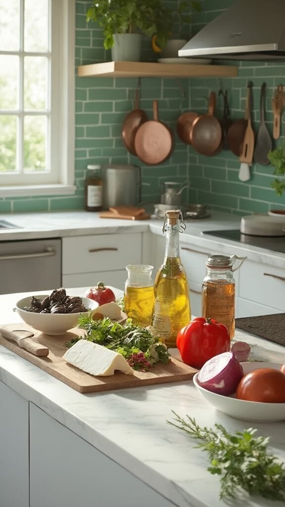 Authentic Keto Greek Salad (Horiatiki) 3 Ingredients for greek salad artfully arranged on a modern kitchen counter with warm lighting.