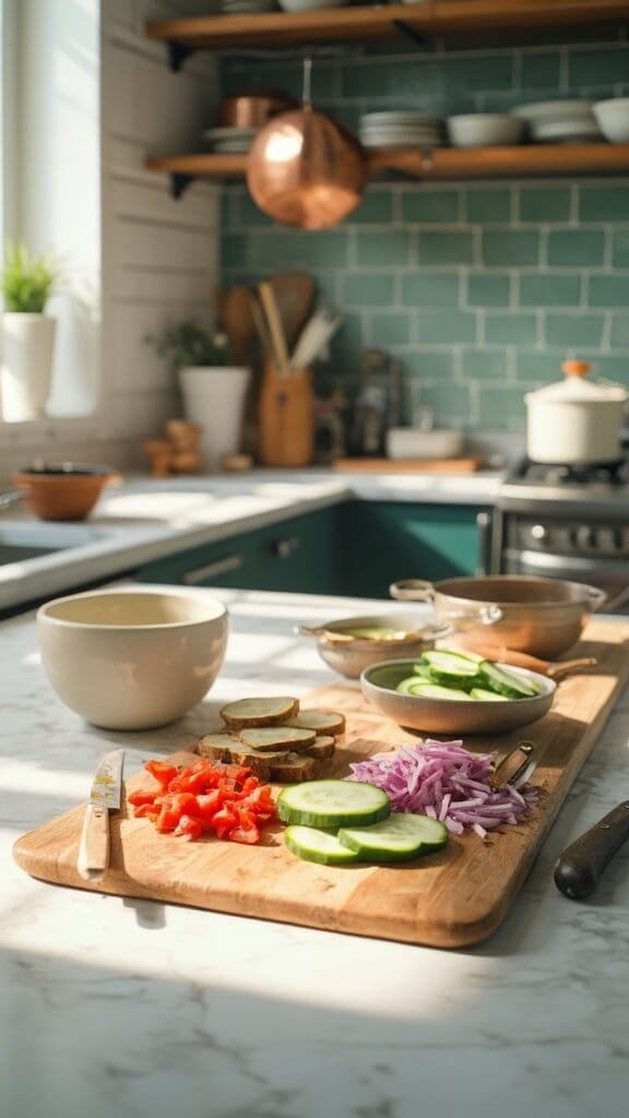 Authentic Keto Greek Salad (Horiatiki) 4 Professional chef's knife and neatly arranged vegetables on a wooden cutting board in a modern kitchen with green subway tile backsplash, warm lighting, and sophisticated cookware.
