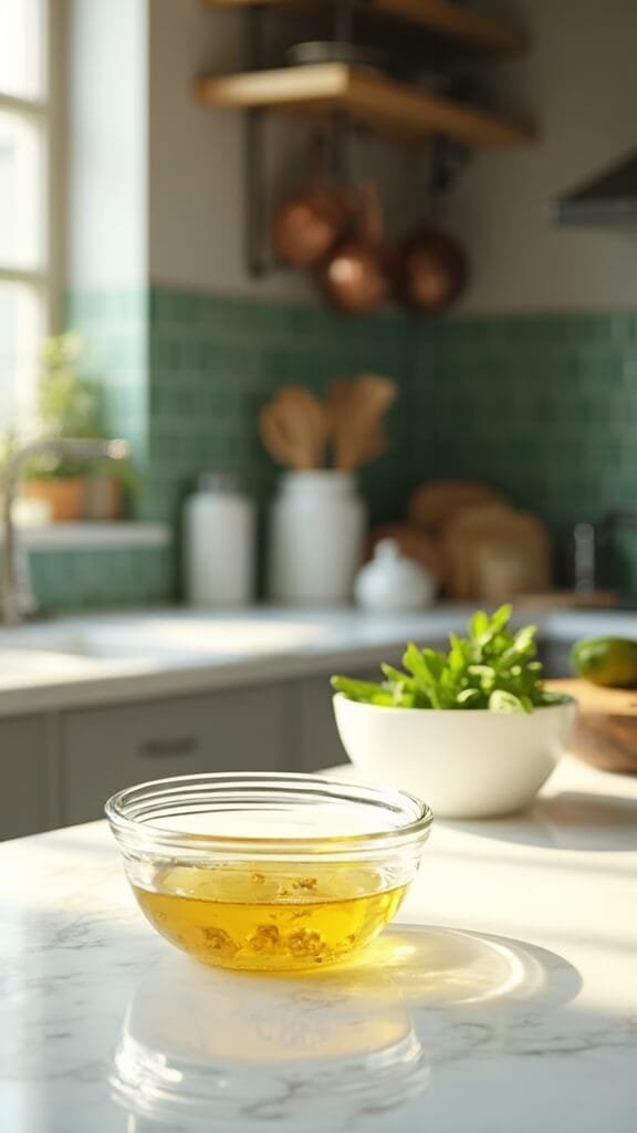 Authentic Keto Greek Salad (Horiatiki) 5 Modern kitchen with white marble countertops, stainless steel appliances, clear prep bowls, and wooden utensils under natural daylight, featuring a small glass bowl with whisked dressing of olive oil, red wine vinegar, oregano flakes, and fresh ground pepper.