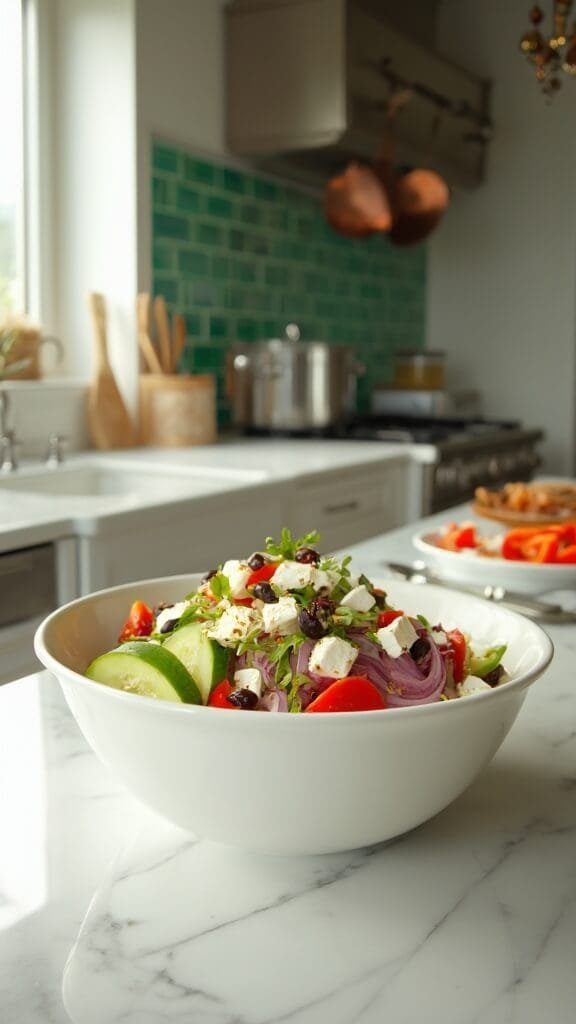 Authentic Keto Greek Salad (Horiatiki) 6 Undressed salad in a white ceramic bowl on a modern kitchen counter with green subway tiles, wooden utensils, and stainless steel appliances in the background, lit by natural daylight.