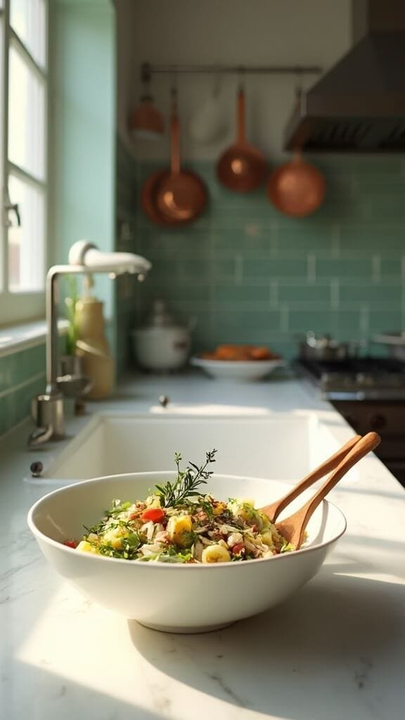 Authentic Keto Greek Salad (Horiatiki) 7 Greek salad in a white ceramic bowl on a marble countertop in a modern kitchen with warm, earthy color grading