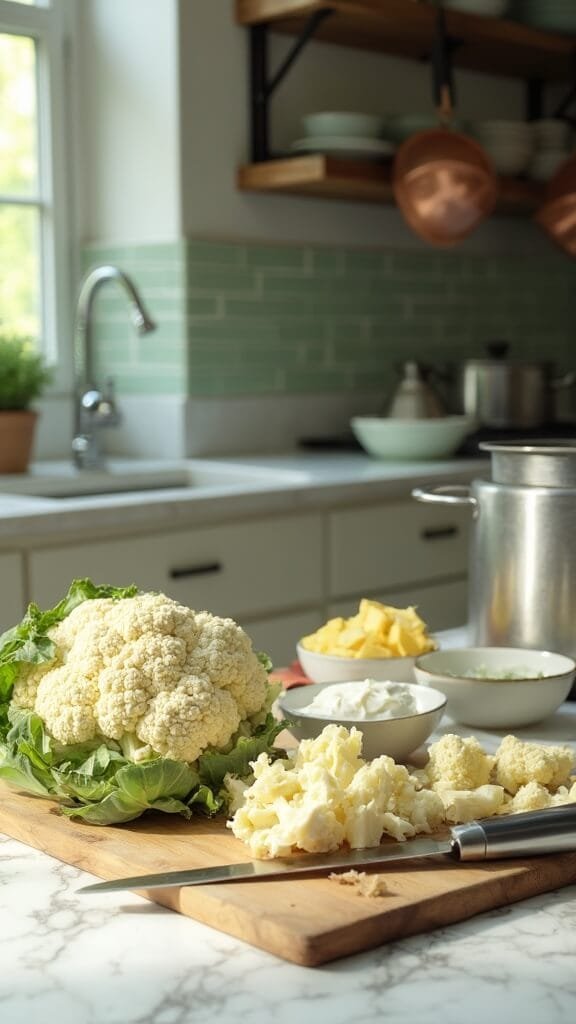 Best Ever Mashed Cauliflower (Keto-Friendly, Low-Carb Side Dish) 3 Fresh cauliflower and florets on a wooden cutting board, with ingredients and cookware in a modern kitchen lit by natural daylight
