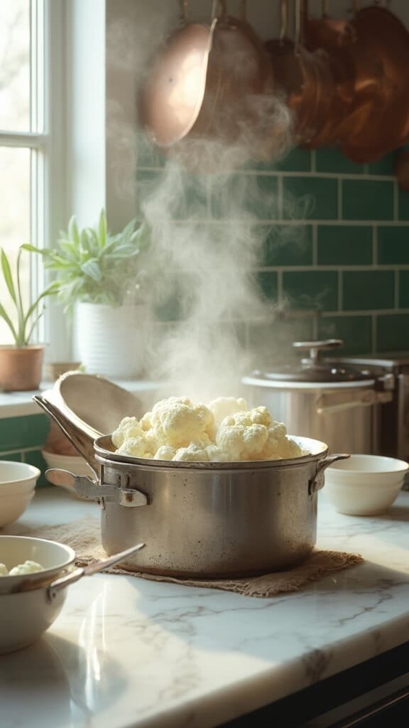 Best Ever Mashed Cauliflower (Keto-Friendly, Low-Carb Side Dish) 4 Steaming cauliflower in a pot on a marble countertop in a modern kitchen with wooden utensils and cream-colored ceramic bowls