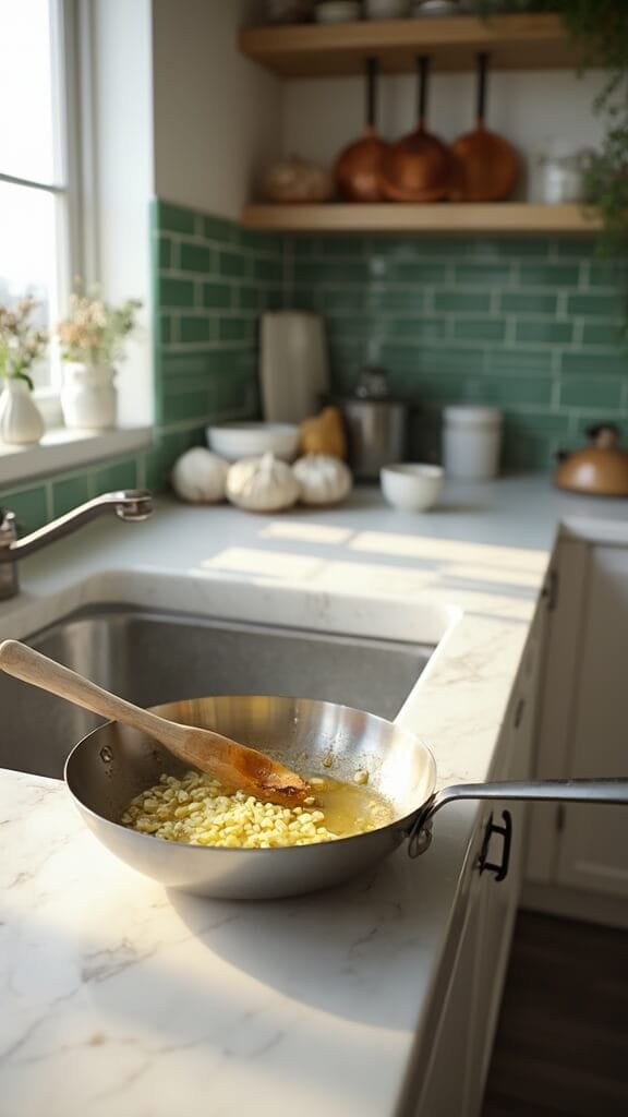 Best Ever Mashed Cauliflower (Keto-Friendly, Low-Carb Side Dish) 5 Minced garlic sautéing in melted butter on a modern kitchen countertop