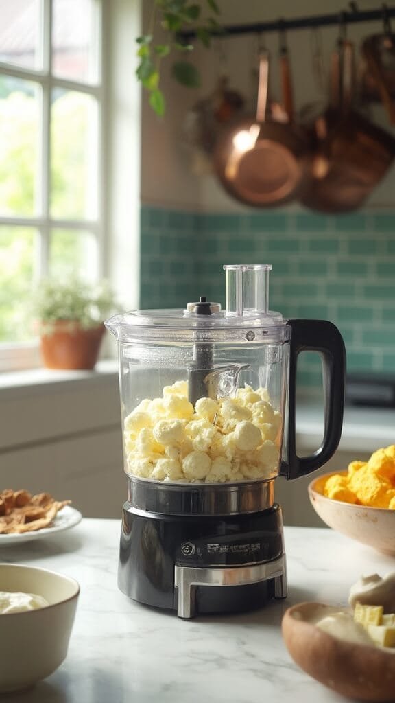 Best Ever Mashed Cauliflower (Keto-Friendly, Low-Carb Side Dish) 6 Modern kitchen scene with food processor filled with steamed cauliflower, butter, sour cream, and sautéed garlic on a white marble countertop