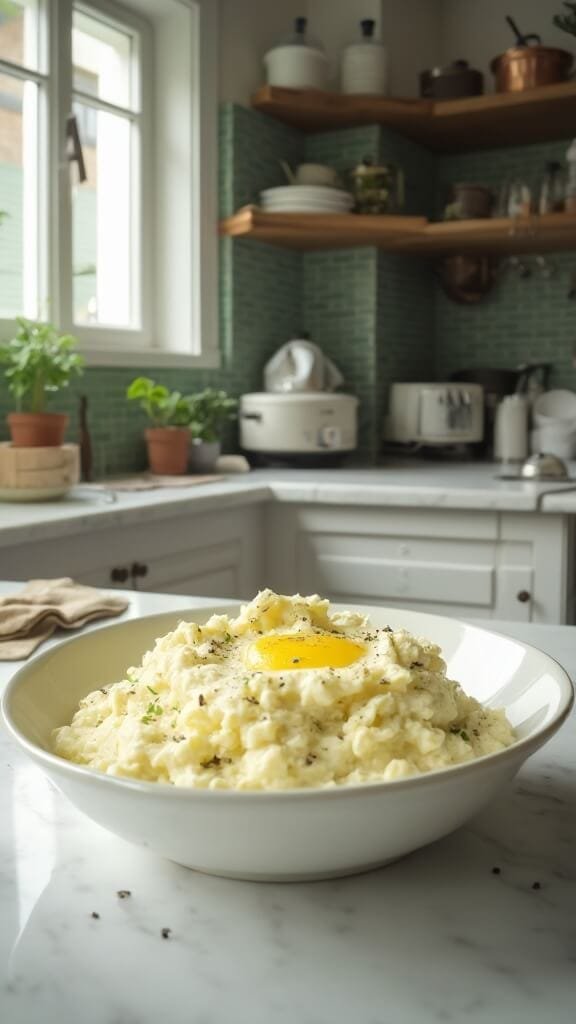 Best Ever Mashed Cauliflower (Keto-Friendly, Low-Carb Side Dish) 7 Mashed cauliflower in a white ceramic bowl with pepper and fresh herbs on a marble countertop in a modern kitchen