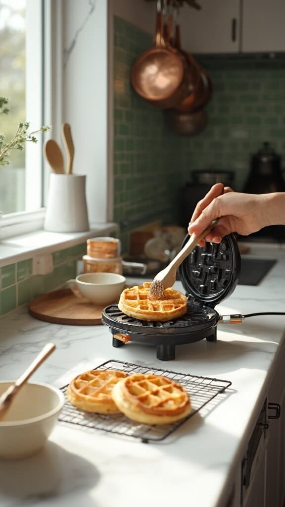 Keto Reuben Sandwich With Chaffle Bread 4 Golden-brown chaffle being removed from mini waffle maker in a modern kitchen with earthy color grading