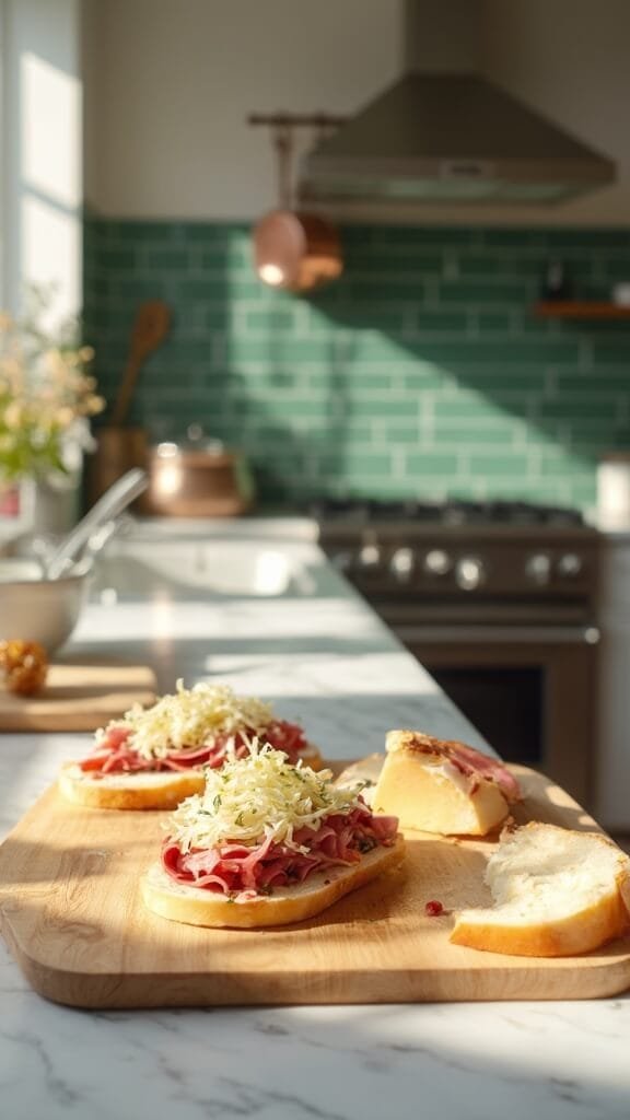 Keto Reuben Sandwich With Chaffle Bread 5 Sandwich assembly on a wooden cutting board in a modern kitchen, featuring corned beef, swiss cheese, sauerkraut, and chaffles.