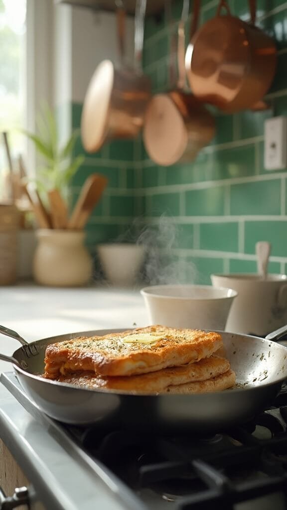 Keto Reuben Sandwich With Chaffle Bread 6 Grilled sandwich in a stainless steel skillet on a modern kitchen stovetop, with steam rising and edges beginning to brown.