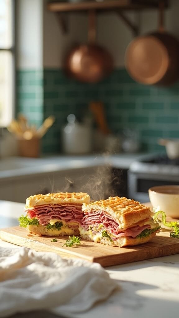 Keto Reuben Sandwich With Chaffle Bread 7 Golden-brown reuben sandwich with melted cheese on a wooden board in a modern kitchen with green subway tile backsplash and warm, earthy color grading