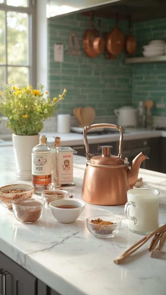 Spiced Keto Chai Latte 3 Ingredients for chai tea preparation on a white marble countertop in a modern kitchen with natural daylight.
