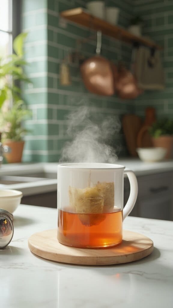 Spiced Keto Chai Latte 4 Steeping chai tea in a white ceramic mug on a marble kitchen countertop, with a stainless steel timer set for 5 minutes