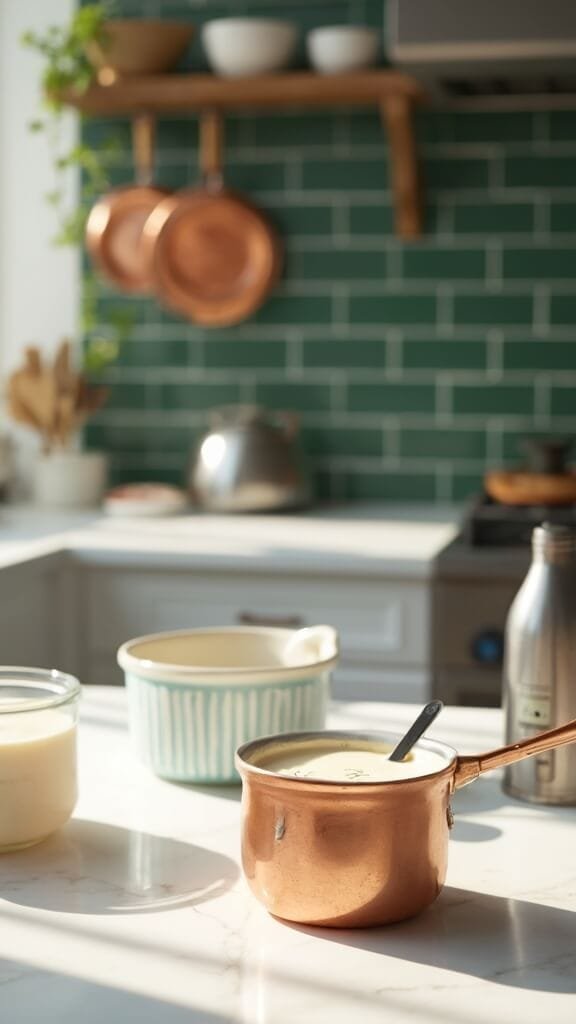 Spiced Keto Chai Latte 5 Professional food photography of cream warming in a copper saucepan in a modern kitchen with green subway tile backsplash