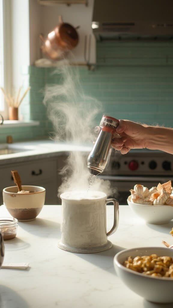Spiced Keto Chai Latte 6 Frothing warm cream in a stainless steel pitcher in a modern kitchen with white countertops and green subway tile backsplash, illuminated by natural daylight.