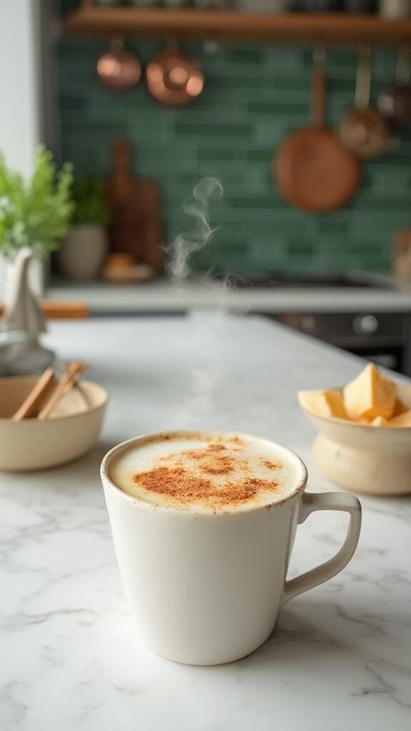 Spiced Keto Chai Latte 7 Professional food photograph of a chai latte in a white mug, beautifully layered with amber tea and frothed cream, dusted with spices, in a modern kitchen with green tiled backsplash and warm, earthy tones.