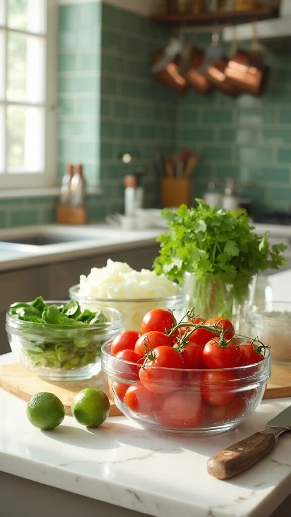 Fresh Pico De Gallo: The Ultimate 20-Minute Mexican Salsa 3 Fresh ingredients such as tomatoes, onions, jalapeños, cilantro, and limes in clear prep bowls on a white marble countertop in a modern kitchen with green subway tile backsplash