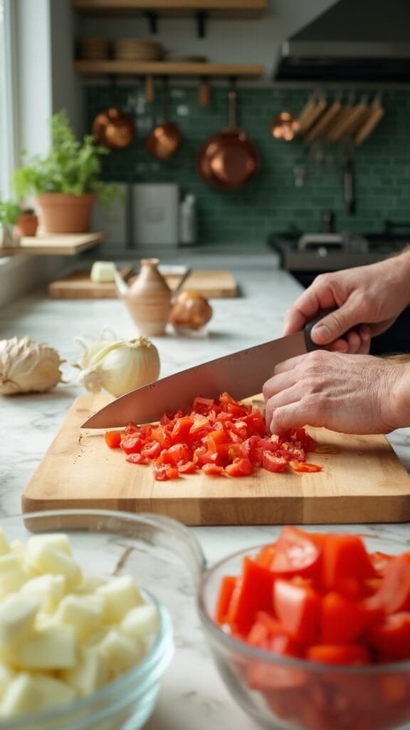 Fresh Pico De Gallo: The Ultimate 20-Minute Mexican Salsa 4 Professional chef mid-process of chopping tomatoes and onions in a modern kitchen bathed in natural daylight