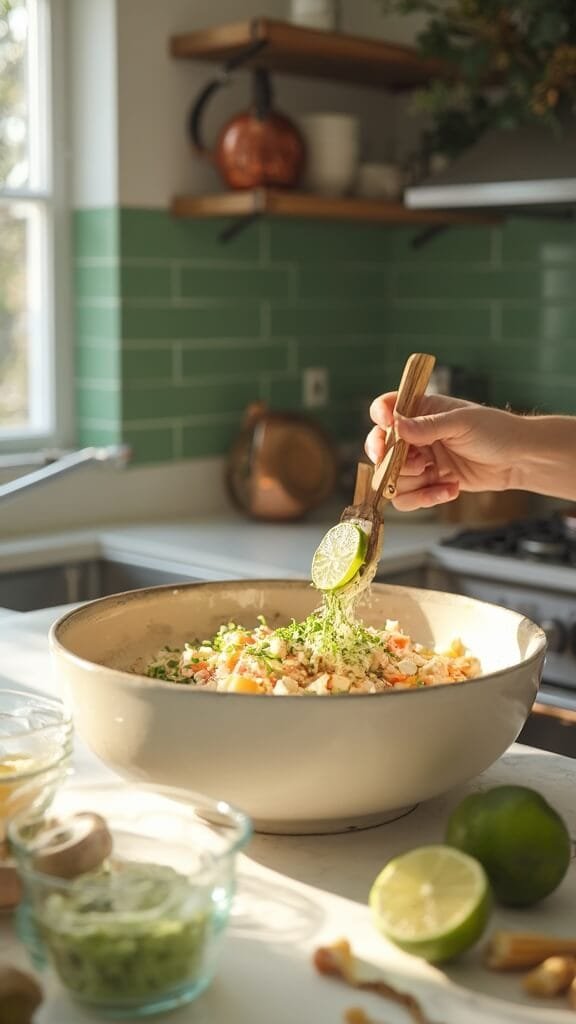 Fresh Pico De Gallo: The Ultimate 20-Minute Mexican Salsa 5 Preparing food in a modern kitchen, blending chopped ingredients in a cream-colored bowl, lime juice being added, with sunlight streaming in from the window.